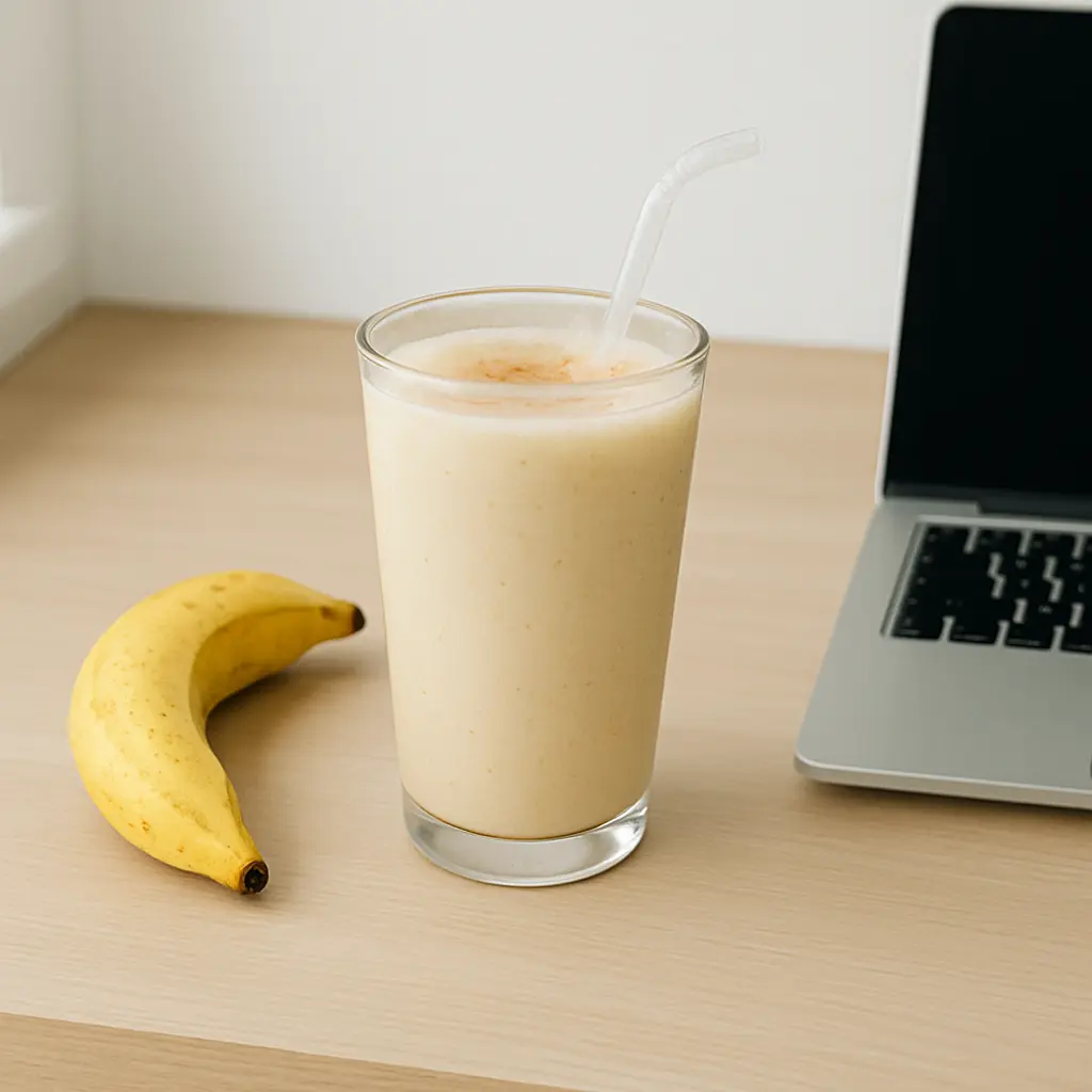 Smoothie in a modern glass cup with a hint of cinnamon, styled beside soft morning light