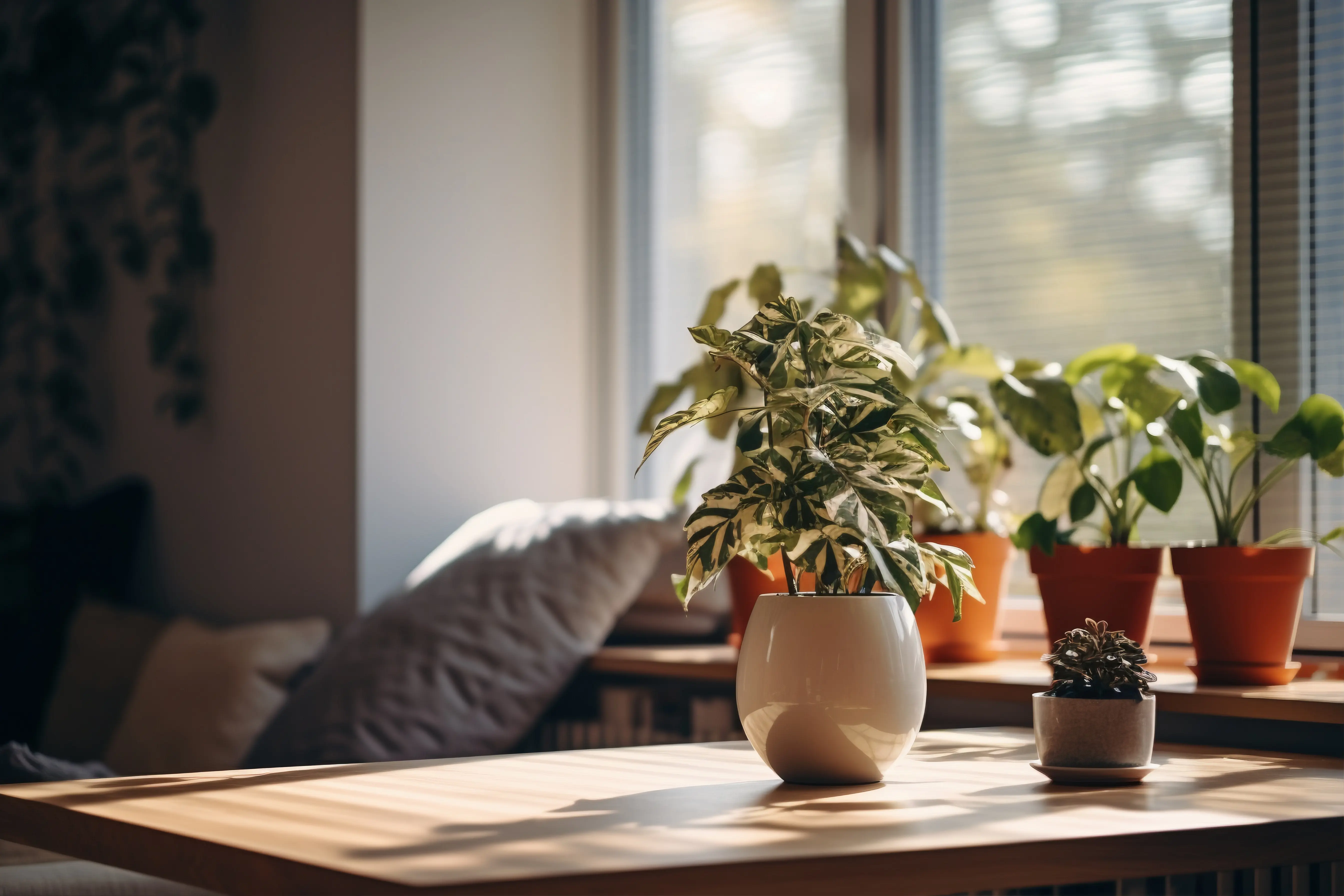 A cozy corner with a plant, candle, and chair by a window, creating a relaxing transition zone after work