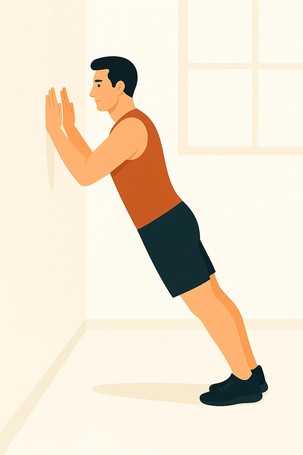 Wall-based plank activating the full core without needing a mat.